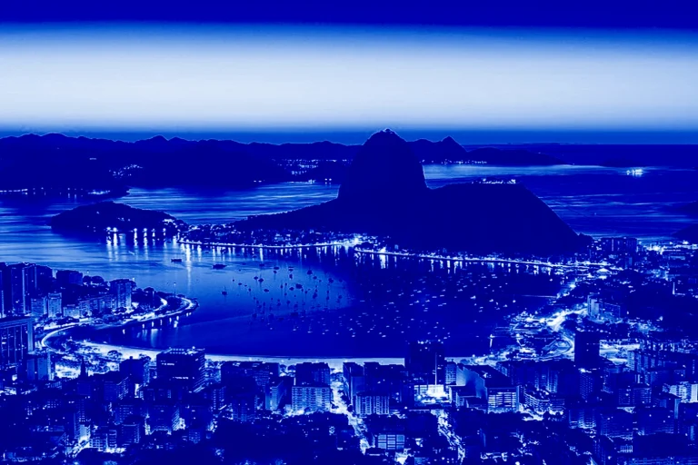 Vista aérea noturna em tons de azul do Rio de Janeiro, destacando a Enseada de Botafogo e o Pão de Açúcar iluminado.