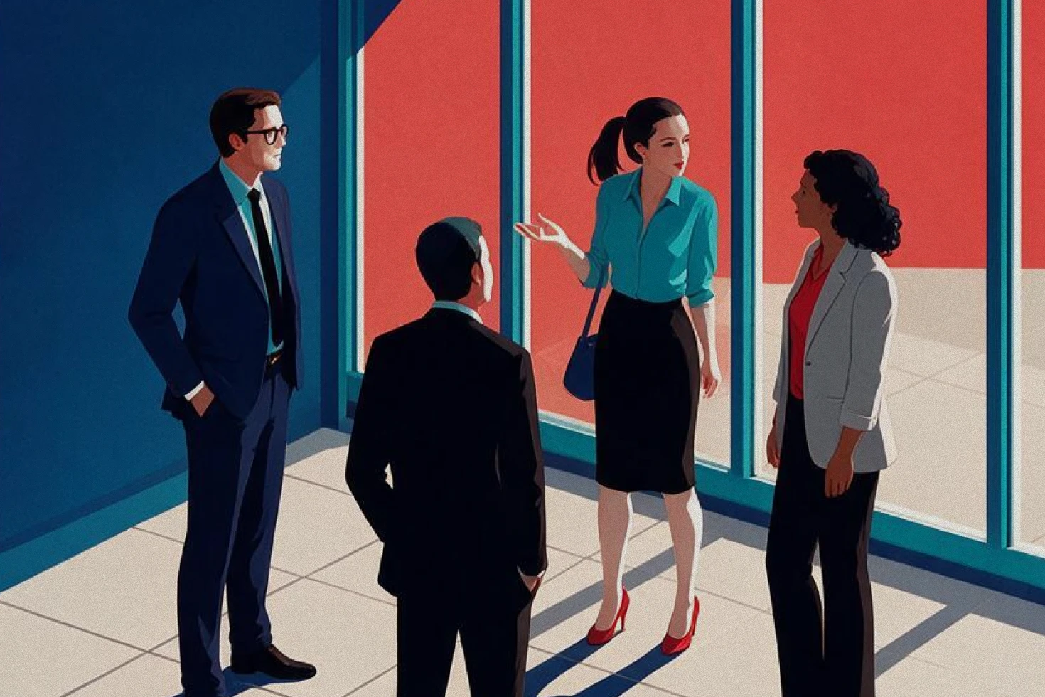 Ilustração vetorial de quatro profissionais de negócios conversando em um escritório claro com janelas grandes.