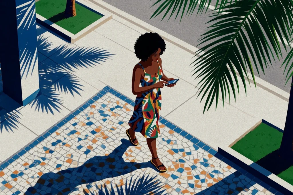 Ilustração de mulher negra com vestido colorido caminhando e usando smartphone em calçada de mosaico ensolarada