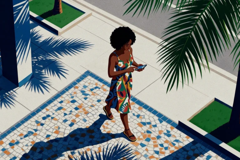 Ilustração de mulher negra com vestido colorido caminhando e usando smartphone em calçada de mosaico ensolarada