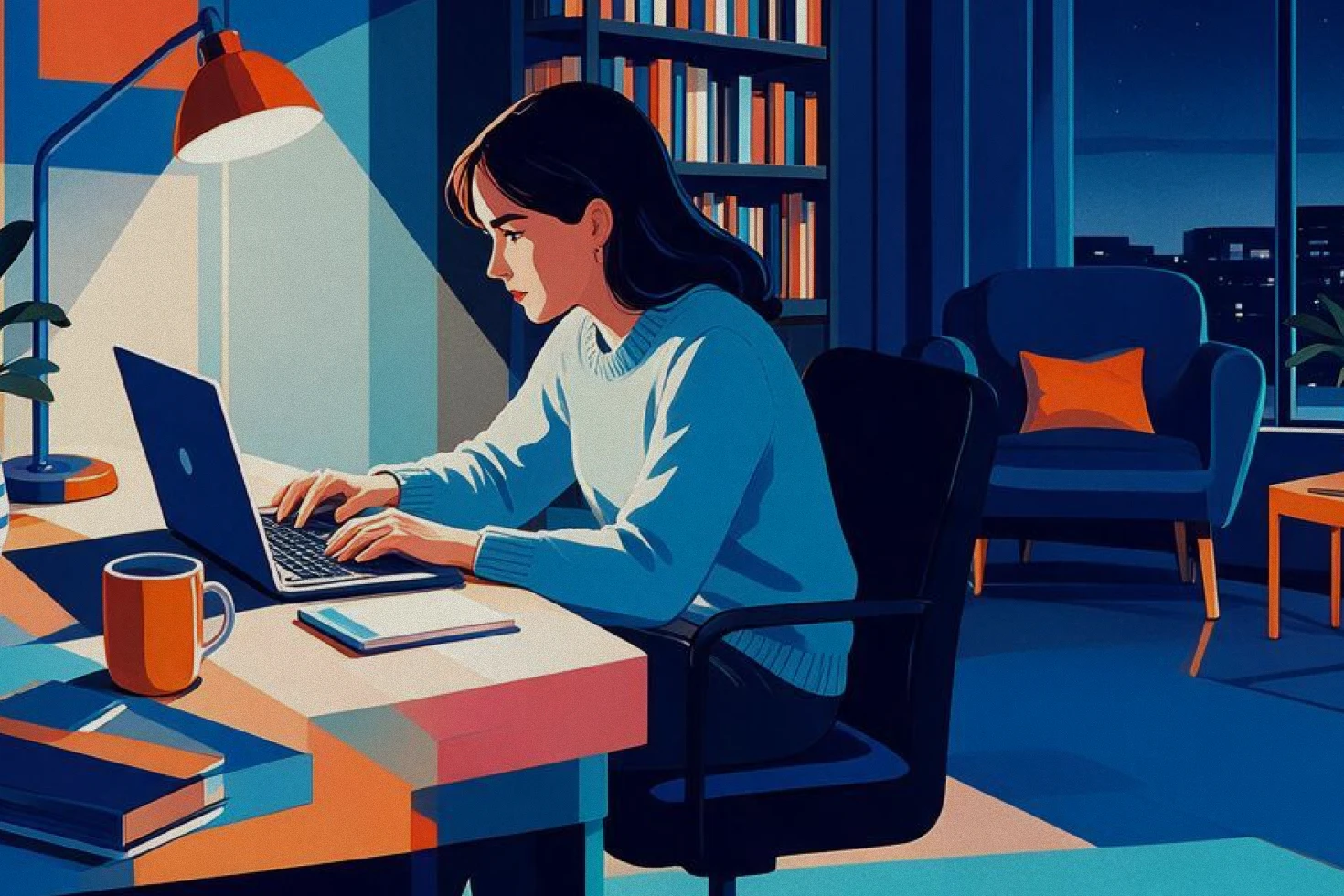 Uma mulher de suéter azul trabalhando em seu laptop à noite no home office, com luz quente da luminária e estante ao fundo.