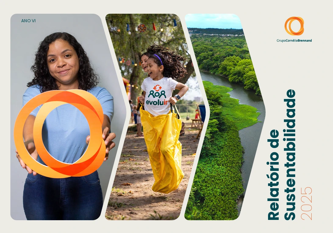 elatório de Sustentabilidade 2025 do Grupo Cornélio Brennand em layout tríptico com pessoas e natureza.