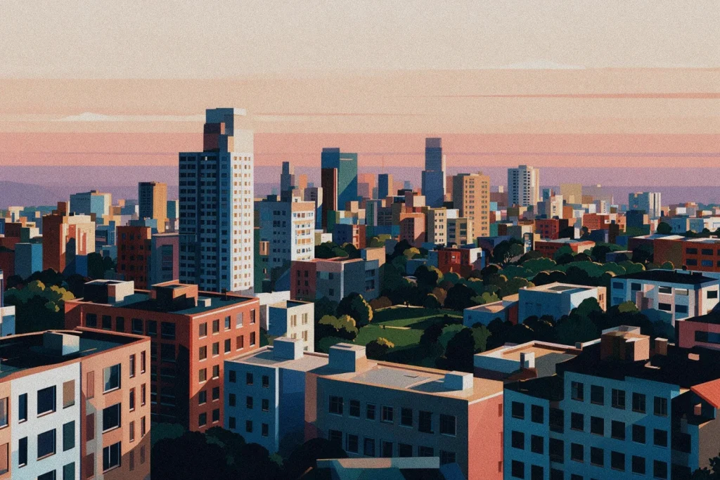 Ilustração digital de uma cidade ao entardecer com prédios coloridos, árvores verdes e céu em tons de rosa e laranja.