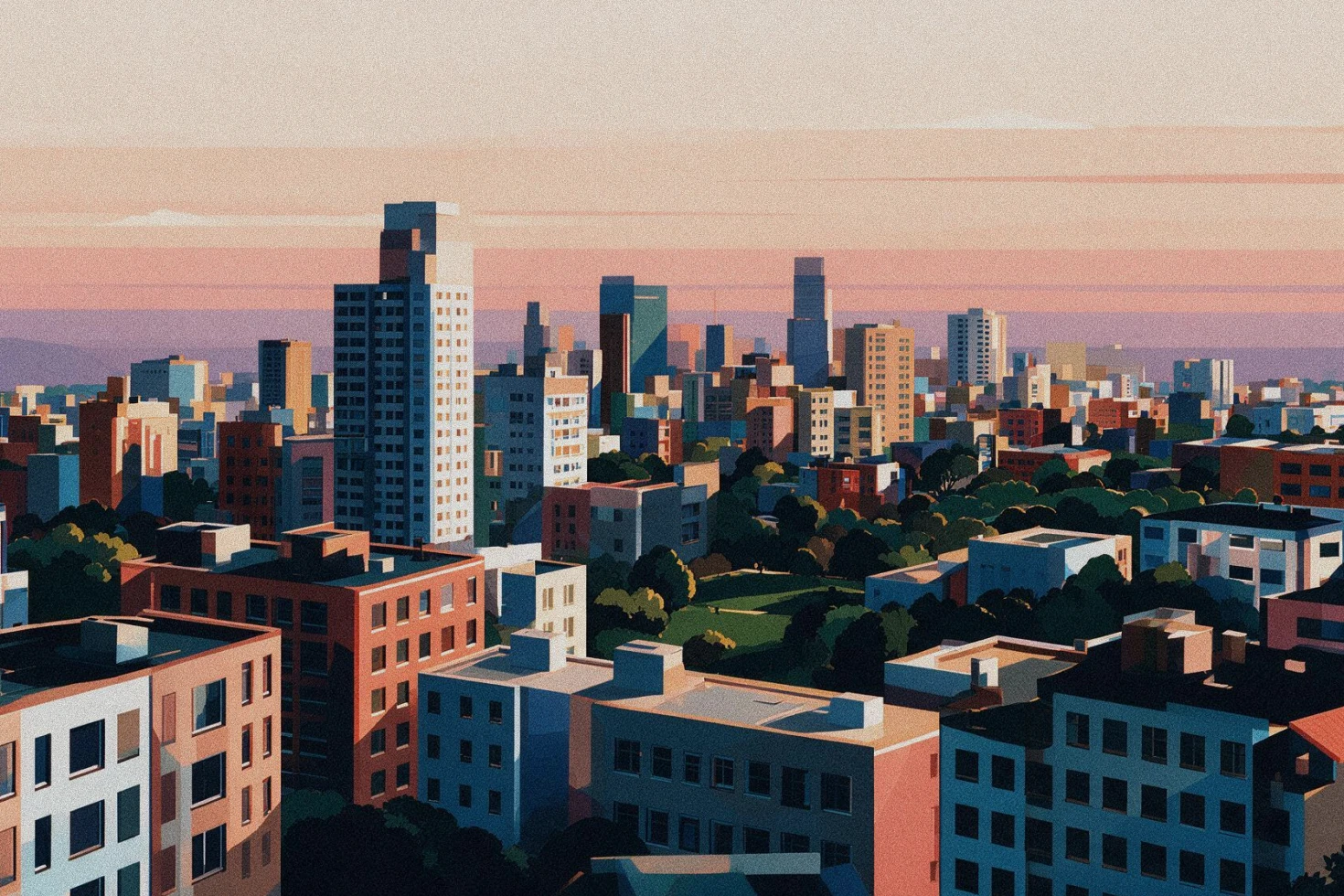 Ilustração digital de uma cidade ao entardecer com prédios coloridos, árvores verdes e céu em tons de rosa e laranja.