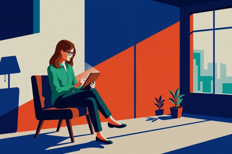 Ilustração em flat design de uma mulher trabalhando remotamente em um tablet. Otimizada para artigos sobre tecnologia, produtividade, home office e vida urbana digital. Palavra-chave foco: mulher usando tablet home office.