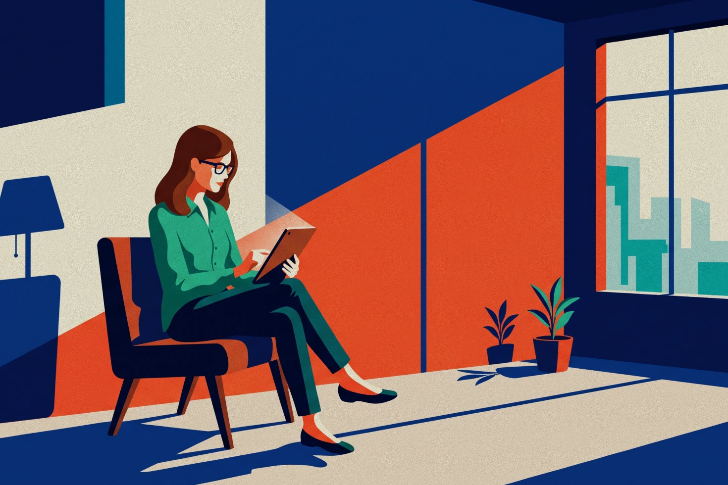 Ilustração em flat design de uma mulher trabalhando remotamente em um tablet. Otimizada para artigos sobre tecnologia, produtividade, home office e vida urbana digital. Palavra-chave foco: mulher usando tablet home office.