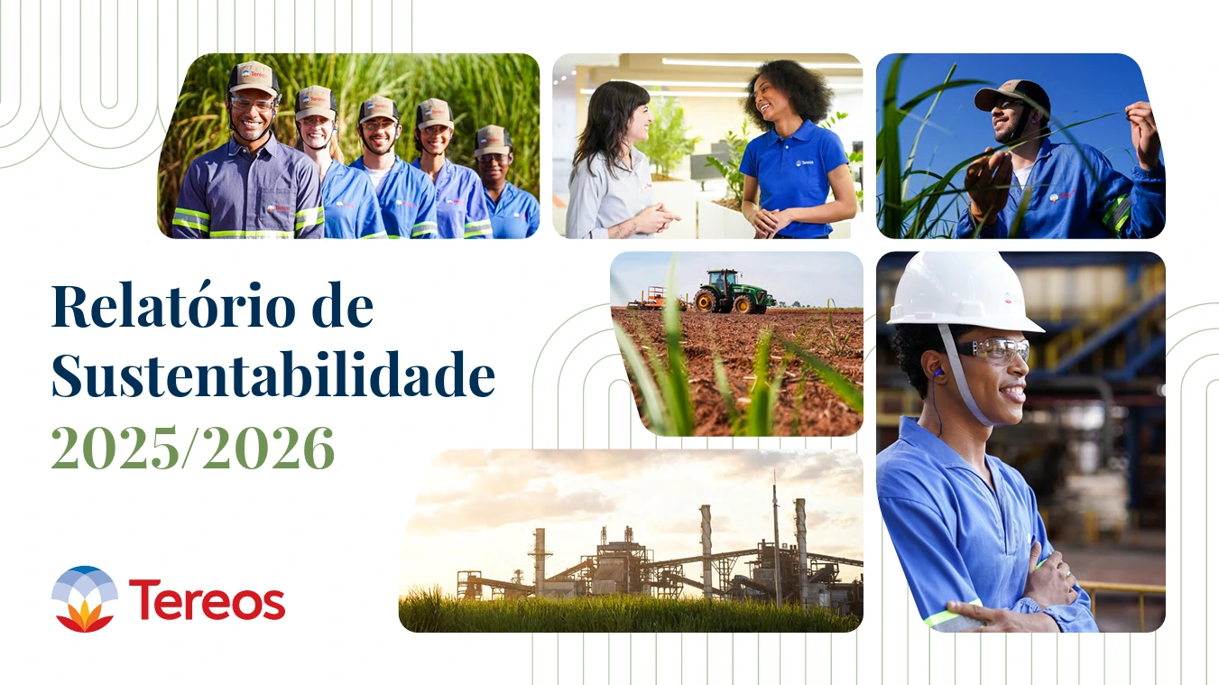 Capa do Relatório de Sustentabilidade 2025/2026 da Tereos com mosaico de colaboradores e usina.
