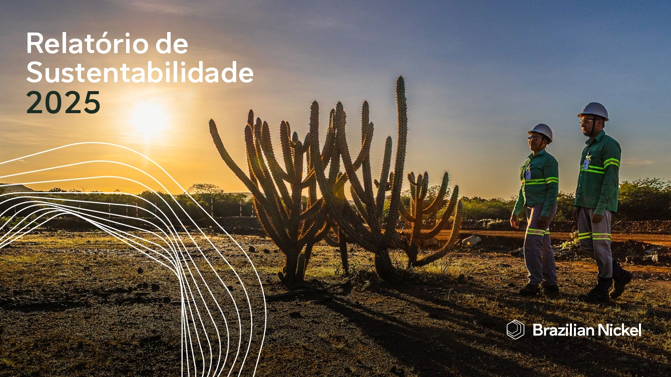 Trabalhadores caminhando ao lado de cacto na Caatinga na capa do Relatório de Sustentabilidade 2025 da Brazilian Nickel.