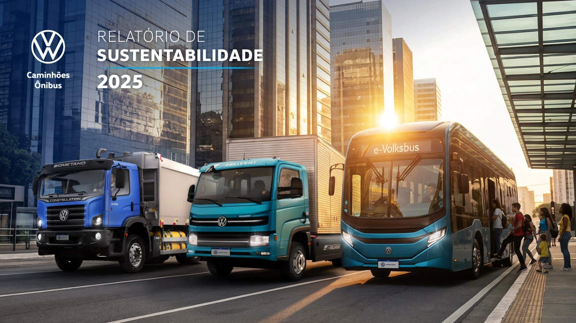 Frota sustentável da Volkswagen Caminhões e Ônibus na capa do Relatório de Sustentabilidade 2025.