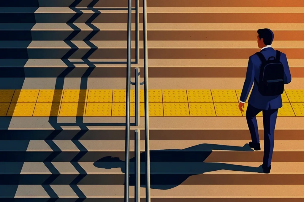 Ilustração de um homem de terno e mochila subindo uma grande escadaria iluminada pela metade, simbolizando crescimento profissional