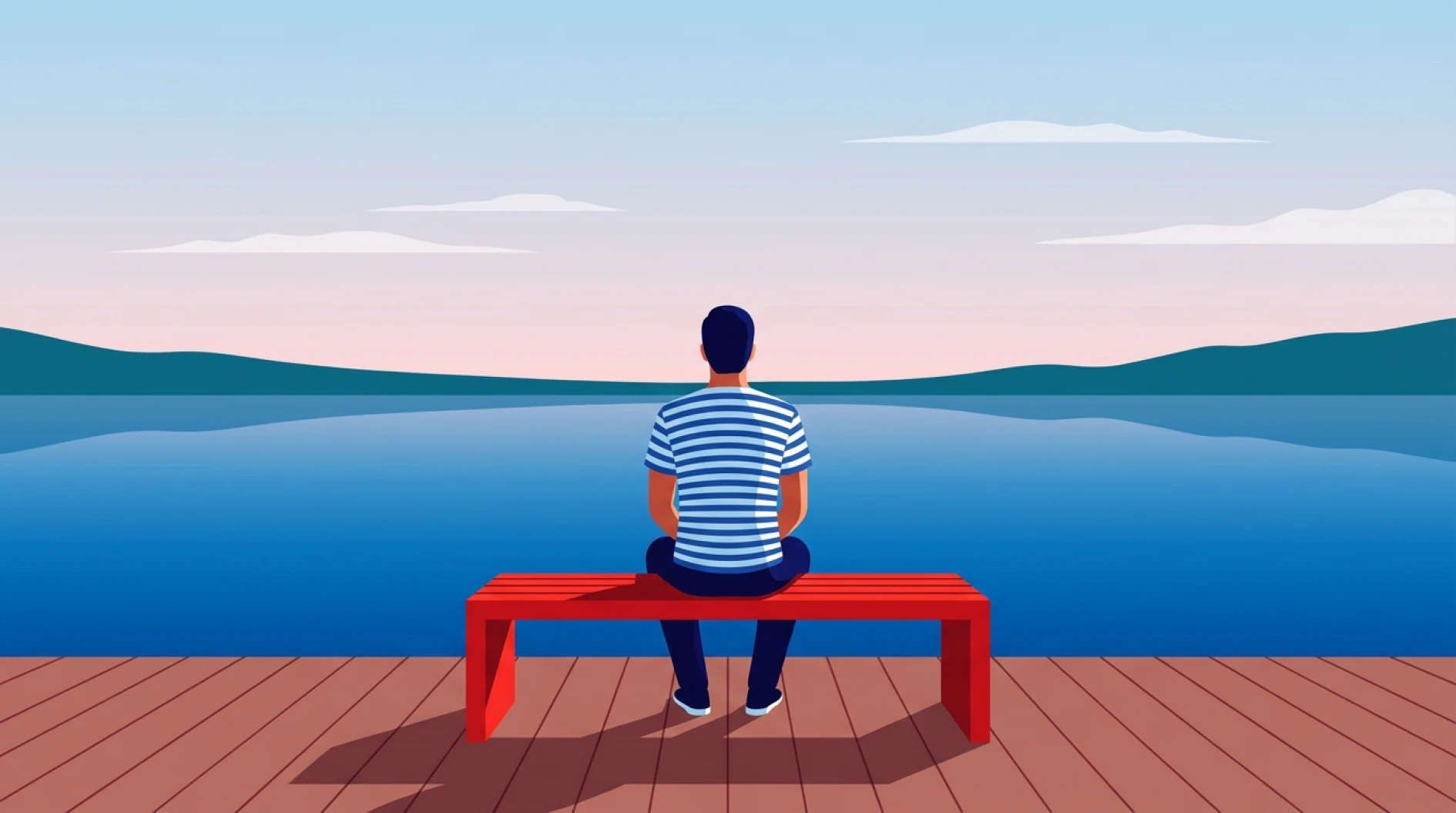 Homem de costas de camiseta listrada, sentado em um banco vermelho no píer de madeira, observando um grande lago ao entardecer.