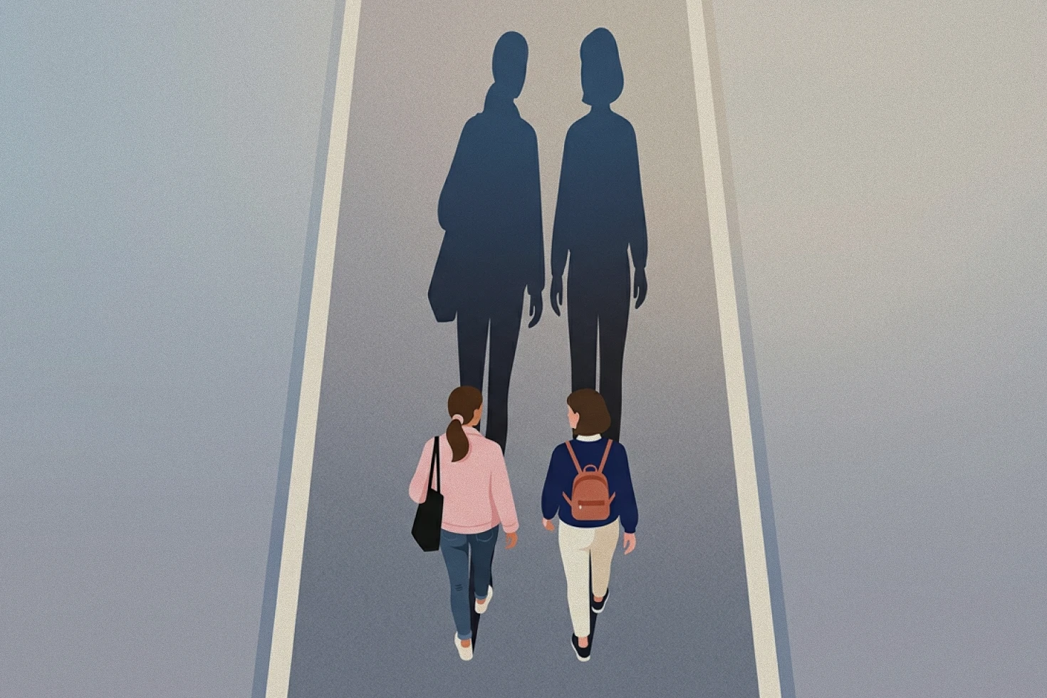 Ilustração de duas mulheres vistas de costas caminhando em um percurso plano, projetando sombras gigantescas à frente